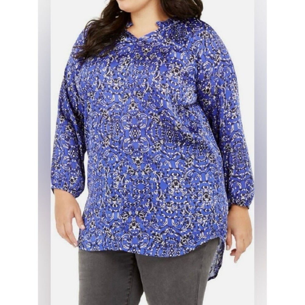 Geometric Print Long Sleeve Satin Top 2X